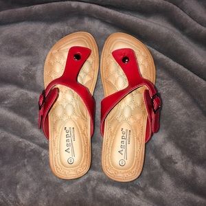 Agape Red and Tan Slip-On Sandals